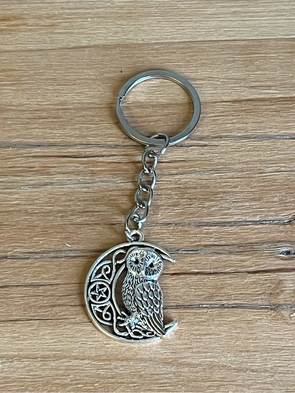 Keyring-Owl on Crescent Moon Charm Keyring-Silver Hardware-NWOT